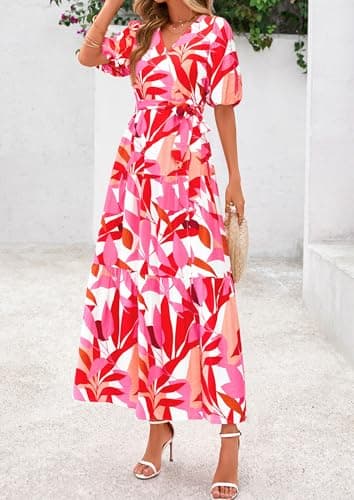 PRETTYGARDEN Women's Summer Maxi Dress 2025 Resort Wear Boho Floral V Neck Puff Short Sleeve Ruffle Flowy Beach Long Dresses(Floral White Rose Red,X-Large) - Image 7