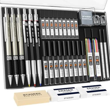 STAGEEK 34PCS Art Mechanical Pencil Set, Drafting Pencil 0.5, 0.7, 0.9MM & 3PCS 2.0MM Mechanical Drawing Pencils with 384PCS Leads (6B 4B 2B HB 2H 4H Color) for Artist Sketching Drawing - Image 1