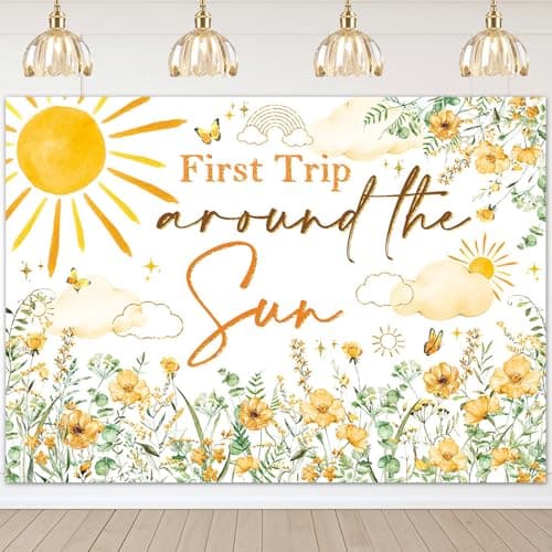 Mocsicka First Trip Around The Sun Backdrop Wildflower First Birthday Backdrop Boys Girls Sun Theme 1st Birthday Party Decoration Photo Booth Props (7x5ft) - Image 1