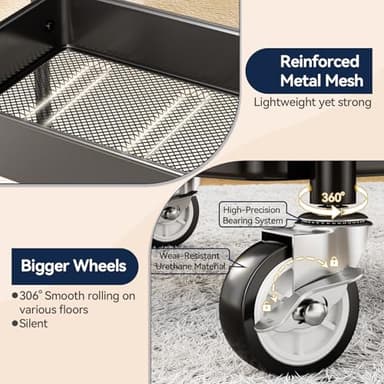 YASONIC 3 Tier Rolling Cart - Metal Utility Cart with Wheels, Hanging Cups, Hooks, Heavy Duty Mesh Rolling Storage Cart Organizer, Craft Cart for Kitchen Office, Lightweight and Sturdy - Image 7