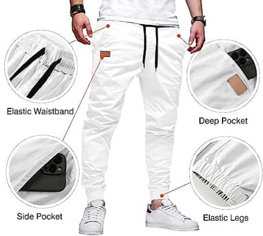 JMIERR Mens Casual Joggers Pants - Cotton Drawstring Chino Cargo Pants Hiking Outdoor Twill Track Jogging Sweatpants Pants with Pockets for Men, 4XL, C White - Image 2
