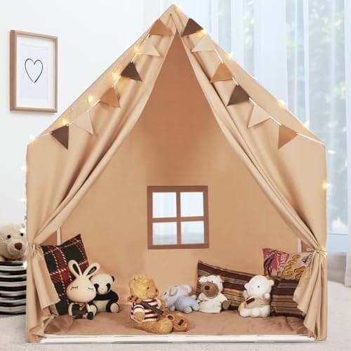 MORITECK Kids Play Tent with Padded Mat & Star LED Lights for Ages 4-8-10 Year Old Girls Boys, Large Cute Indoor Play Room House Tent for Toddler Children - Image 1