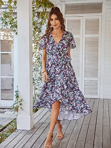 PRETTYGARDEN Women's 2024 Floral Boho Dress Wrap V Neck Short Sleeve Belted Ruffle Hem A-Line Flowy Maxi Dresses (Purple Floral,X-Large) - Image 6
