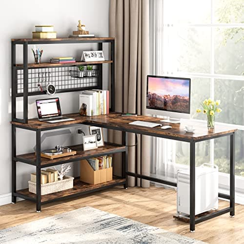 Tribesigns 55" L-Shape Computer Desk with Hutch and Wireless Charging, Office Desk Study Table Writing Desk Workstation with 5 Shelves and Movable CPU Stand for Home Office (Brown) - Image 1