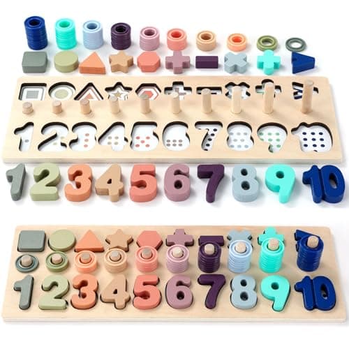 BEKILOLE Wooden Montessori Toys for Kids Toddler Number Puzzles Sorter Counting Shape Stacker Stacking Game Preschool Toys for Boy Girl Learning Education Math Blocks Year Old Girl Gifts (Macron) - Image 1