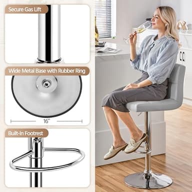 Yaheetech Bar Stools Set of 4, PU Leather Adjustable Barstools, Modern Counter Stools with Back and Footrest, Counter Height Barstools for Bar, Kitchen, Dining Room, Light Gray - Image 6