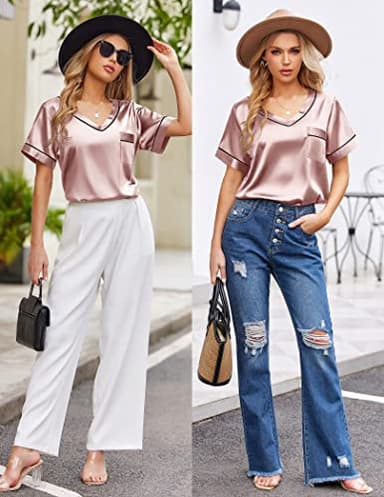 Ekouaer Silk Pajama for Women Short Sleeve Satin Pj Set Two Piece Soft Sleepwear Loungewear Casual Pjs for Summer Light Pink Medium - Image 3
