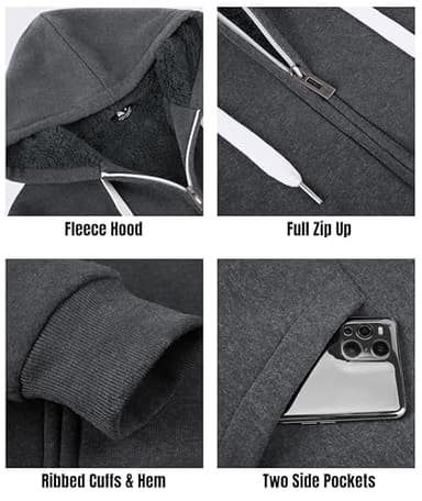 Little Beauty Fleece Hoodies for Men Winter Thick Jackets Sherpa Lined Zip Up Sweatshirt With Kanga Pocket Dark Grey - Image 4