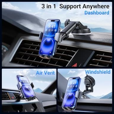 ACMEZING 3-in-1 Car Phone Holder [122+LBS Strongest Suction & Stable Clamp Arm] 360° Adjustable Mount, Cell Phone Holders for Your All Car Models for Dashboard Vent, All Smartphones, Black - Image 2