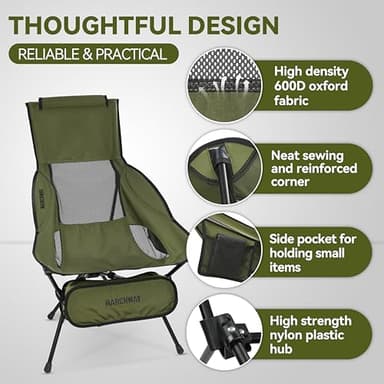 MARCHWAY Lightweight Folding High Back Camping Chair with Head Support, Stable Portable Compact for Outdoor Camp, Travel, Beach, Picnic, Festival, Hiking, Backpacking (Highback Green) - Image 5
