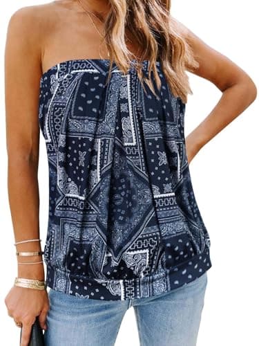CHICGAL Women's Tube Tops Summer Bandeau Tank Off The Shoulder Casual Strapless Blouse Tunic Shirts (Navy Diamond,2XL) - Image 1