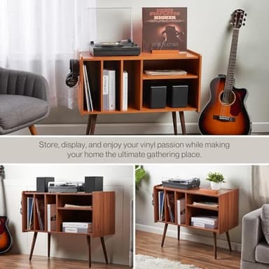 LOFT + IVY Record Player Stand with Vinyl Storage – Turntable Table with Shelves and Backboard – Walnut Wood Frame Vinyl Record Storage with Headphone Hook – Compact Audio Stand with Stabilizers - Image 8