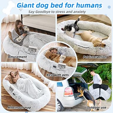 WROS Human Dog Bed - 71"x45"x12" Fits You & Pets, Washable Faux Fur, Orthopedic, Plump Pillow, Blanket, Strap - Grey - Image 6