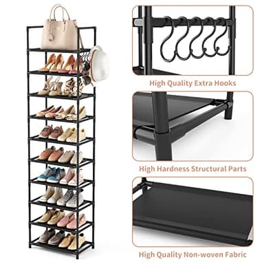 LANTEFUL 10 Tiers Tall Shoe Rack 20-25 Pairs Boots Organizer Storage Sturdy Narrow Shoe Shelf for Entryway, Closets with Hooks, Black - Image 4