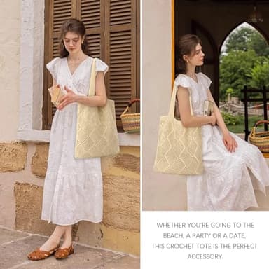 Crochet Tote Bag For Women, Crochet Mesh Beach Tote Bag Summer Vacation Aesthetic Boho Knit Bag for Women (J/Khaki) - Image 5