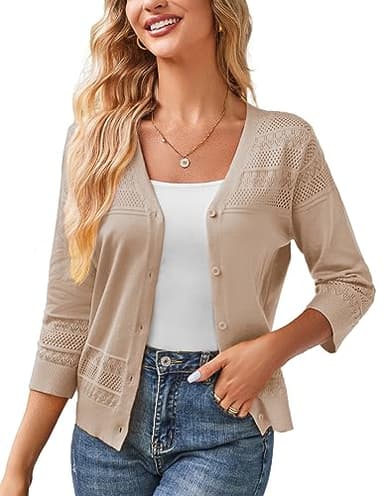 GRACE KARIN Womens Cropped Cardigan 3/4 Sleeve Sweaters Tops V-Neck Button Knitwear Crochet Cardigan Bolero Shrug Khaki L - Image 1