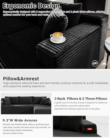 Cloud Sectional Couch,105 Inch Modular Sectional Sofa with Deep Seat,Modern Corduroy Boneless Couches with L-Shape Chaise for Living Room Bedroom,No Assembly Required (Black, Right Facing Chaise) - Image 6