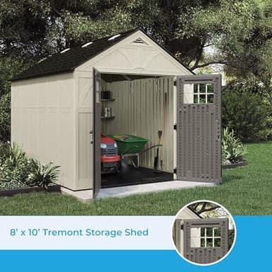 Suncast 8’x10’ Tremont Resin Shed, Vanilla & Slate – Backyard Storage Unit with Skylights, Corner Shelves, Reinforced Floor & Double Doors – Store Lawn Mower, Garden Equipment & Outdoor Tools - Image 4