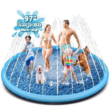 YAUNGEL Splash Pad for Dogs - 97in Non-Slip Splash Sprinkler Pad for Kids Toddlers Baby, 0.58mm Thickened Durable and Foldable Dog Pool Summer Outdoor Water Toys Play Mat, Blue - Image 1