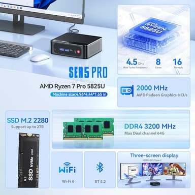 Beelink Mini PC AMD Ryzen 7 5825U Up to 4.5GHz 8C/16T, SER5 32GB RAM 500GB SSD Graphics 8core 2000 MHz, M2 SSD NVME 2280 Mini Computer 2.5GLAN/ WiFi 6/BT5.2/HDM/DP/USB3.2,Home/Office - Image 2