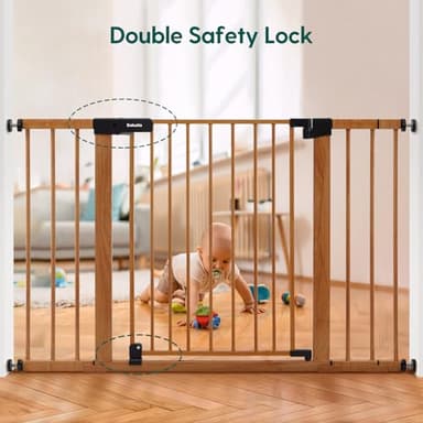 BABELIO 29-48" Metal Baby Gate with Brown Wood Pattern, Auto Close Dog Gate for The House, Stairs and Doorways, Pressure Mounted Pet Gate with Door, Safety Gate for Child and Pets - Image 2