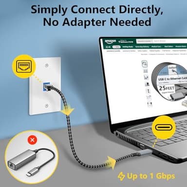 USB C to Ethernet Cable 25 FT, Driver-Free Type C to RJ45, Thunderbolt 3/4 Compatible, Plug & Play, Nylon Braided, 1Gbps Gigabit LAN for MacBook Pro/Air, iPhone 15 Pro/Max, Dell XPS, Galaxy S8-S23 - Image 2