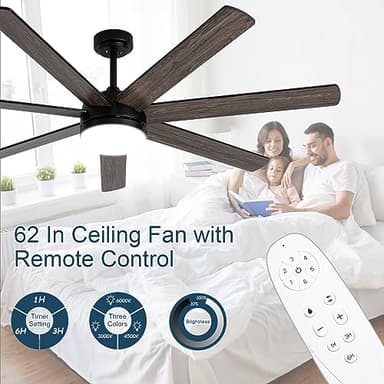 Viossn 62 Inch Outdoor Ceiling Fan with Lights, 7 Reversible Blades, Dimmable, Black with 6" & 12" Downrods for Bedroom, Living Room, Patio - Image 6