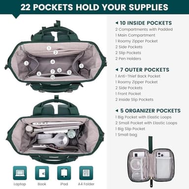 LOVEVOOK Laptop Backpack for Women, Teacher Nurse Bag Work Travel Computer Backpacks Purse,Water Resistant Daypack,Dark Green 15.6in - Image 3