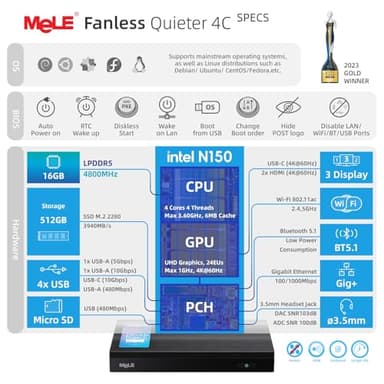 MeLE Fanless Mini PC Quieter 4C N150 (Beat N100, N97), 16GB 512GB Desktop Mini Computer Win 11, Full Functional USB-C, 2.4/5G Wi-Fi, 4K Triple Display on Home, Office, Education, Astrophotography - Image 2