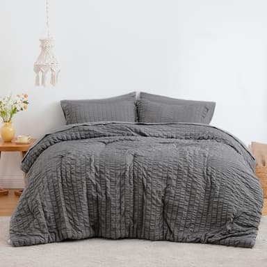 Love's cabin Seersucker Dark Grey King Size Comforter Set 7 Pieces, All Season Bedding Set, King Bed in a Bag Comforter Set with Comforter, Flat Sheet, Fitted Sheet, Pillowcase and Pillow Sham - Image 2