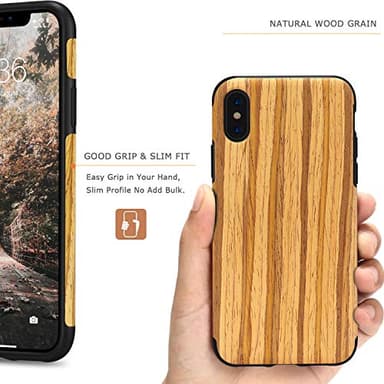 Tasikar Compatible with iPhone Xs & iPhone X Slim Case, Wood Grain Design, Easy Grip, Wireless Charging Compatible, Teak - Image 2