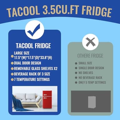 TACOOL 3.5 Cu.ft Refrigerator with Freezer Double Door Red Fridge Adjustable Glass Shelves, Plastic Crisper,7 Level Temperature Control Fridge for Dorm, Office, Apartment - Image 5