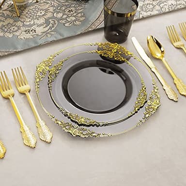 Nervure 175pcs Clear Black Plastic Plates - Gold Plastic Dinnerware Set for 25 Guests include 50 Disposable Plates,75 Gold Silverware,25 Cups,25 Napkins Perfect for Party&Independence Day - Image 4