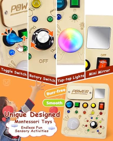 RCPLAGA Busy Board Montessori Toy for Toddler, Wooden Sensory Activity Board with LED Light UP Switch, Baby Fidget Board Travel Toys for 18+ Months, 1 2 3 Year Old Boys Girls Toddler Toys Gifts - Image 4