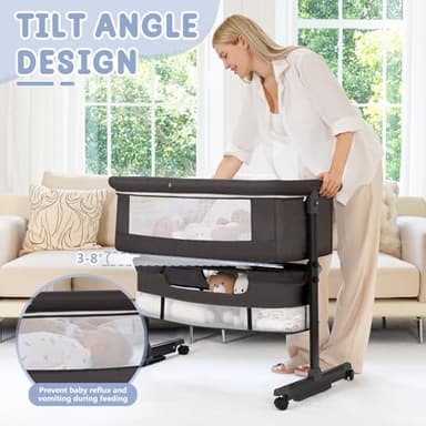 Baby Bassinet, 3 in 1 Bedside Bassinets for Baby, Bassinet Bedside Sleeper with Wheels, Adjustable Height with Rocking Mode, Breathable Mesh, Storage Basket, Easy Assemble & Folding (Dark Gray) - Image 4