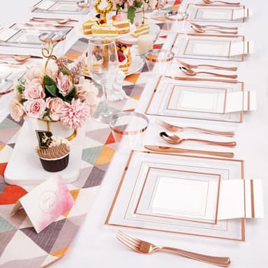 Festiva 350Pcs Rose Gold Plastic Plates - Clear Rose Gold Disposable Dinnerware Sets for 50Guests include 100 Plates 50 Cups 50Plastic Cutlery 50Napkins Perfect for Party&Wedding&Mother's Day - Image 7