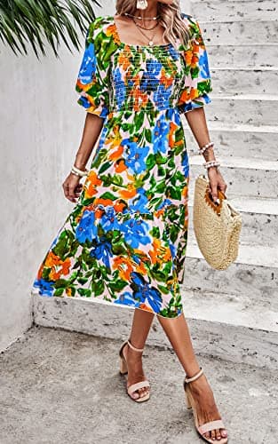 PRETTYGARDEN Women's Summer Casual Midi Dress 2025 Spring Puff Sleeve Square Neck A-line Flowy Boho Floral Smocked Dresses - Image 4