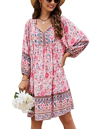 Bluetime Women Beach Casual V Neck Dress 3/4 Sleeve Summer Floral Dress Loose Plus Size Boho Dresses (XXL, Pink) - Image 1