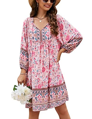 Bluetime Women Beach Casual V Neck Dress 3/4 Sleeve Summer Floral Dress Loose Plus Size Boho Dresses (XXL, Pink) - Image 1