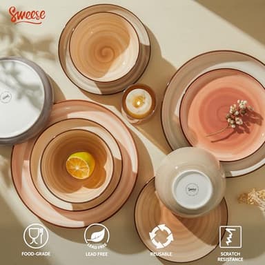 Sweese Plates and Bowls Sets, 18 Piece Dinnerware Set Porcelain Round Dinner Set for 6, Scratch Resistant Dishes Set, Dishwasher and Oven Microwave Safe Handpainted Swirl Dishware Sets, Neutral - Image 4