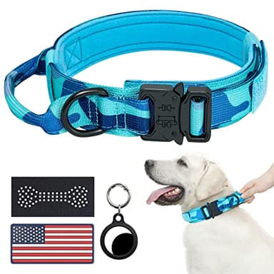 Hotsky Tactical Dog Collar, Adjustable Military Training Nylon Airtag Collar with Handle and Heavy Duty Metal Buckle for Medium Large Dogs, with Airtag Holder and Two Patches（Blue Camo,L） - Image 1