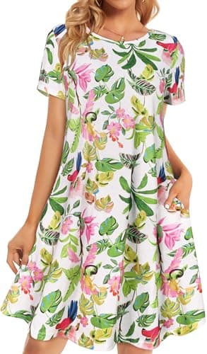 Summer Dresses for Women Pockets Short Sleeve Cotton Sundress Flowy Beach Plus Size Tunic Dress(Pink Green Leaves, L) - Image 1
