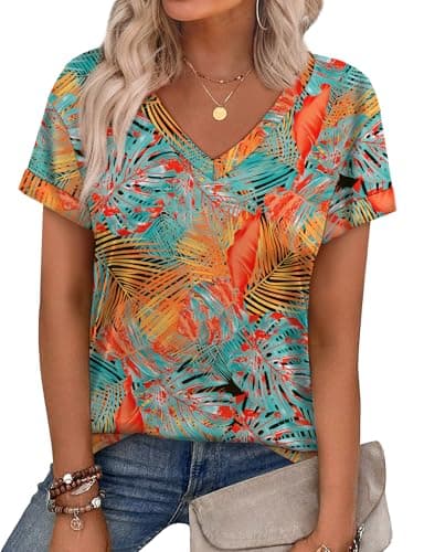 WEESO Womens Tropical Shirts 2025 Casual T Shirts Cute Floral Short Sleeve Dressy V Neck Beach Vacation Essentials T Shirts Tropical Travel Vacation Outfits for Women M - Image 1