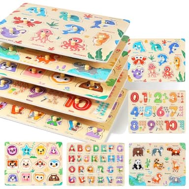 GRINNNIE Wooden Puzzles for Toddlers 3 4 5 Years Old, Montessori Toddler Toys 5PCS Peg Puzzles with Knob - Number, Alphabet, Shape, and Animal, Great Christmas Birthday Gifts for Boys Girls - Image 1