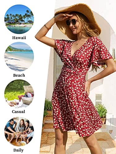 FENSACE Sundresses for Women 2025 Summer Red Floral Wrap V Neck Fit and Flare Dress(Red,Small) - Image 5