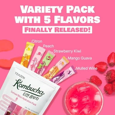 TEAZEN Kombucha Tea Sunset Bliss Hydration Variety Pack - 20 Sticks, 5 Flavors (Peach, Mango-Guava, Strawberry-Kiwi, Citron, Mulled Wine) - Image 4