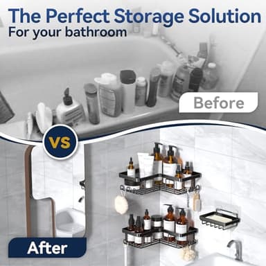 YASONIC Corner Adhesive Shower Caddy, with Soap Holder and 12 Hooks, Rustproof Stainless Steel Bathroom Organizer, No Drilling Wall Mounted Rack, Black, 3-Pack - Image 8