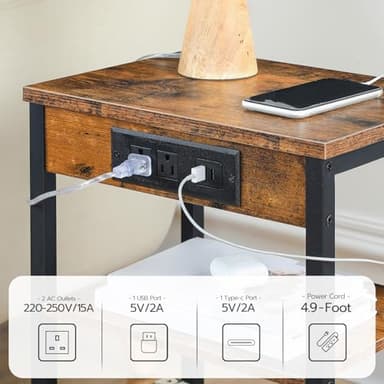 HOOBRO Side Table with Charging Station and USB Port, Small End Table for Small Space, 3-Tier Nightstand with Adjustable Shelf, for Living Room, Bedroom and Balcony, Rustic Brown BF112BZ01 - Image 4