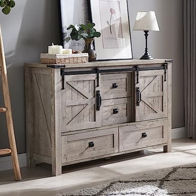 T4TREAM 48'' Farmhouse Dresser for Bedroom w/4 Drawers & Sliding Barn Doors, Tall Chest of Drawers, Rustic Dresser TV Stand w/Shelf, Organizer for Bedroom, Living Room, Foyer,Light Rustic Oak - Image 3
