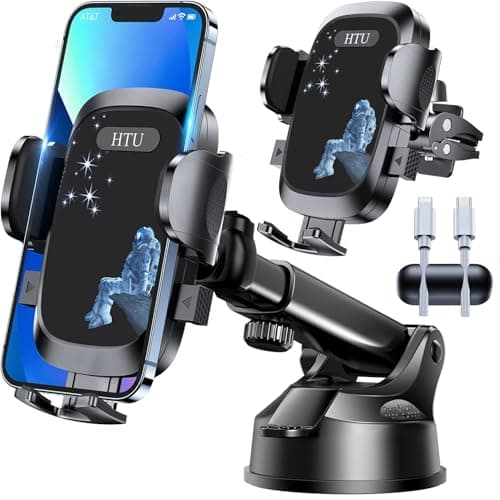 [True Military-Grade] Car Phone Holder【2024 Stronger Suction & Clip】 Universal Cell Phone Holder for Car Mount for Dashboard Windshield Air Vent Long Arm Cell Phone Car Mount Thick Case (Drak Black) - Image 1